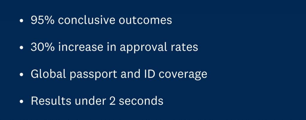 95% conclusive outcomes 30% increase in approval rates Global passport and ID coverage Results under 2 seconds
