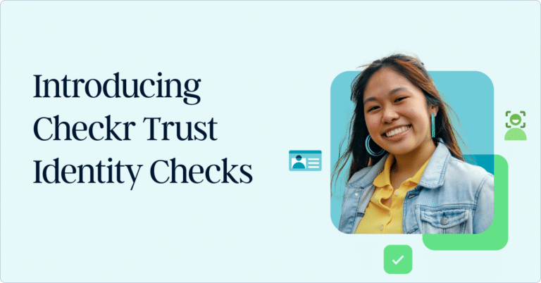 Introducing Checkr Trust Identity Checks: A smiling person in a denim jacket, with icons representing identity verification and security, highlighting the launch of Checkr's new identity check service.